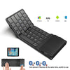 A black foldable Bluetooth keyboard with a touchpad shown next to various operating system logos.