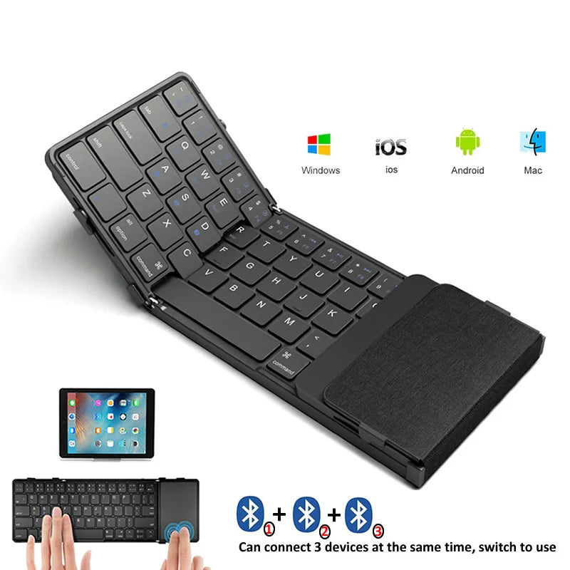A black foldable Bluetooth keyboard with a touchpad shown next to various operating system logos.