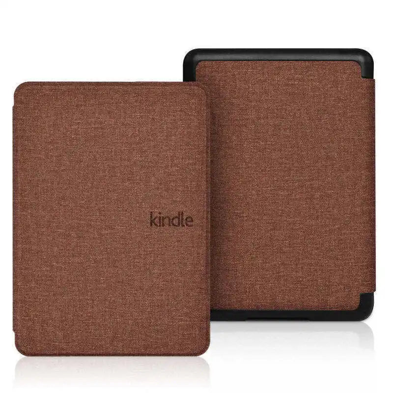 A brown magnetic protective case for a Kindle e-reader is shown on a white surface.