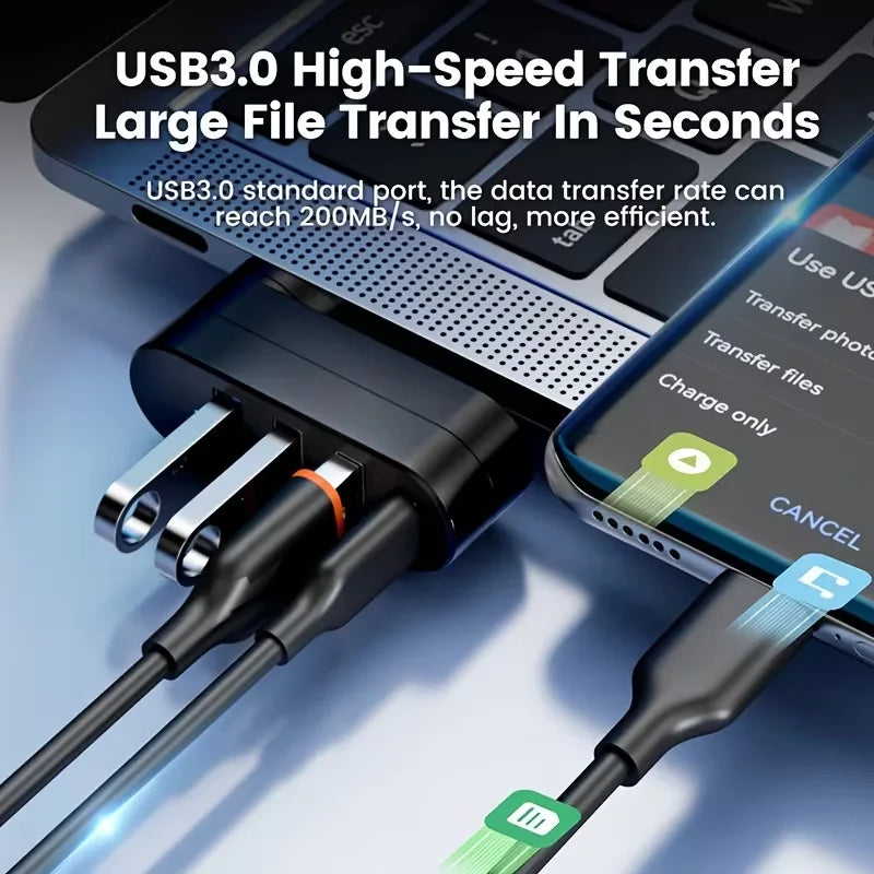 لقطة مقربة لكابل نقل فائق السرعة USB3.0 يربط حاسوبًا محمولًا بجهاز محمول، يوضح نقل البيانات السريع.