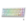A white mechanical keyboard with RGB lighting and hot-swap switches is shown, featuring various colored keycaps.