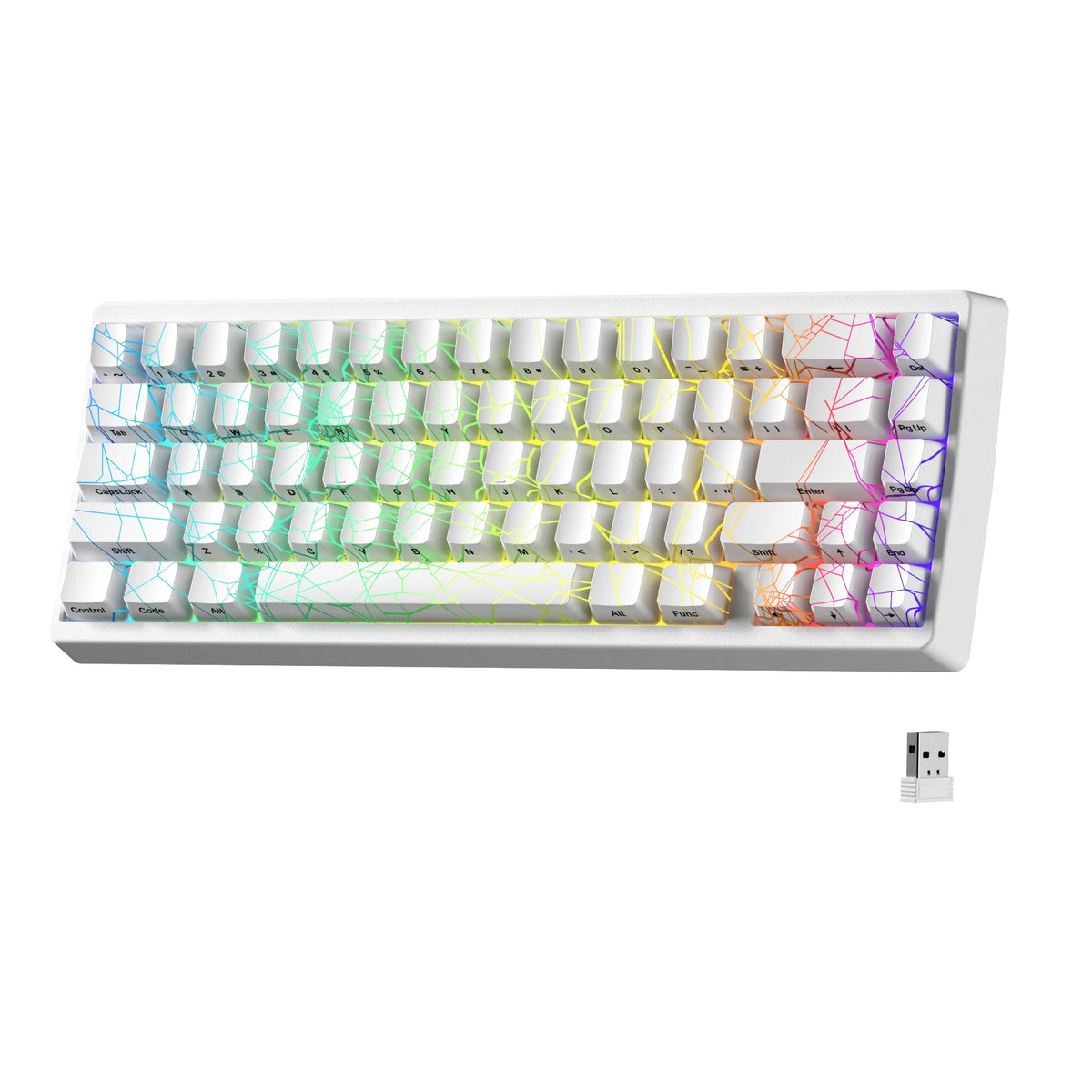 A white mechanical keyboard with RGB lighting and hot-swap switches is shown, featuring various colored keycaps.