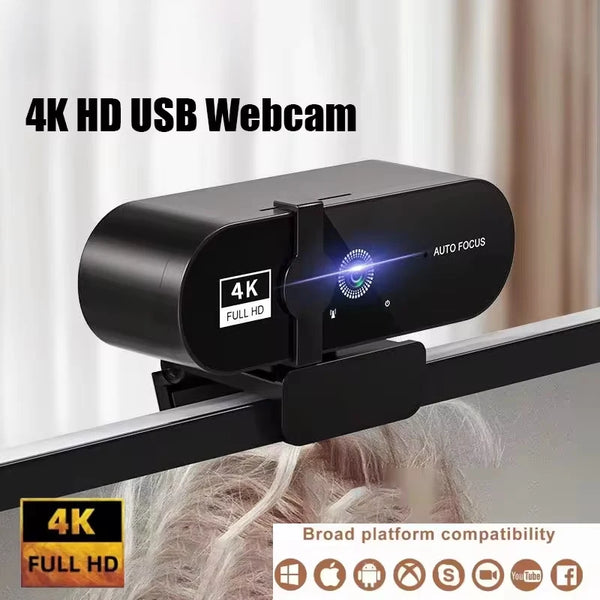 Schwarze 4K HD USB-Webcam montiert auf einem Monitor, zeigt Fokusindikatoren.