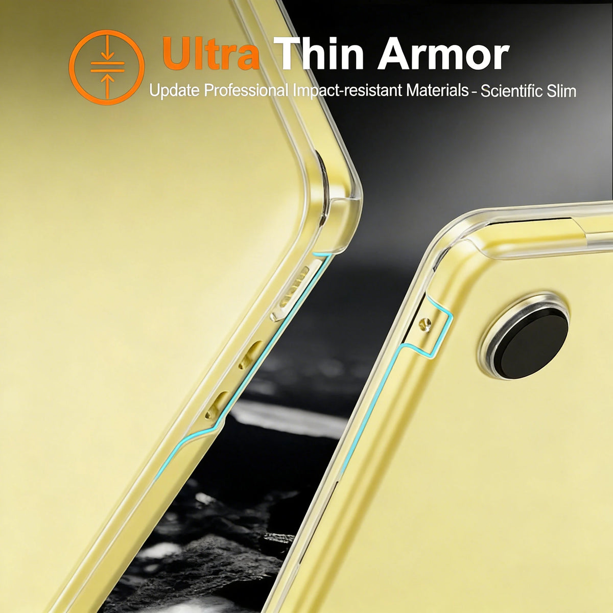 Close-up of a yellow laptop case showing the Ultra Thin Armor feature and a silver button.