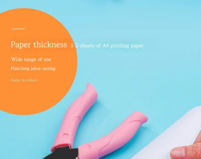 A pink handheld metal puncher is shown next to a sheet of paper, illustrating its use for thinning paper.