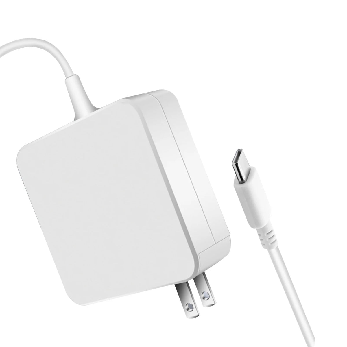 Adaptateur secteur USB-C blanc de 65W pour ordinateur portable, avec cordon amovible.