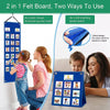 A blue felt board with visual schedule cards used as a teaching board stand for kids.