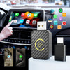 A black adapter for a car that connects to a smartphone and displays various in-car features.