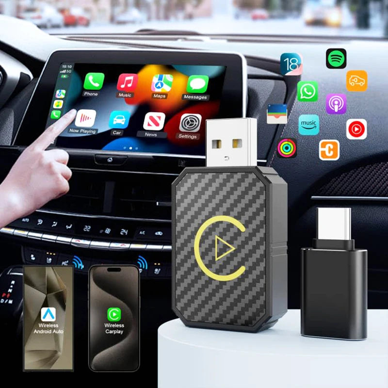 A black adapter for a car that connects to a smartphone and displays various in-car features.
