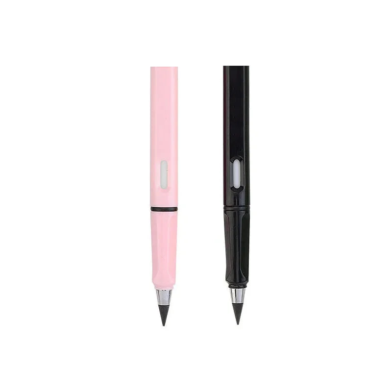 Un crayon d'écriture illimité rose et noir, montré verticalement.