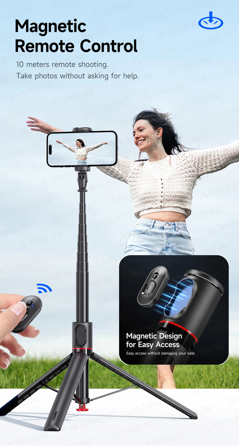 A woman is using a magnetic remote control attached to a selfie stick to take a photo.