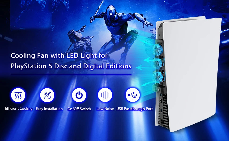 A white fan for PlayStation 5 discs and digital editions, highlighting features like efficient cooling and LED light.
