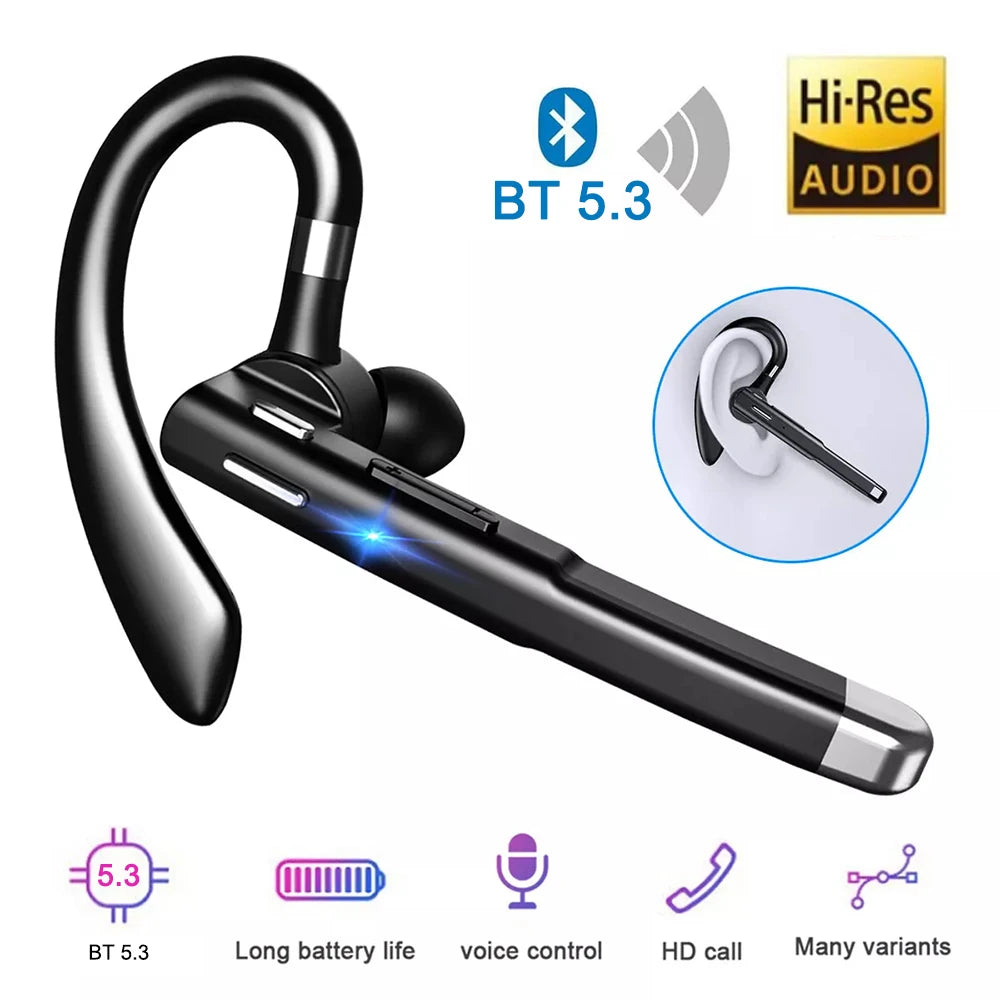 A black wireless Bluetooth 5.3 earphone with a microphone and charging case shown next to features list.