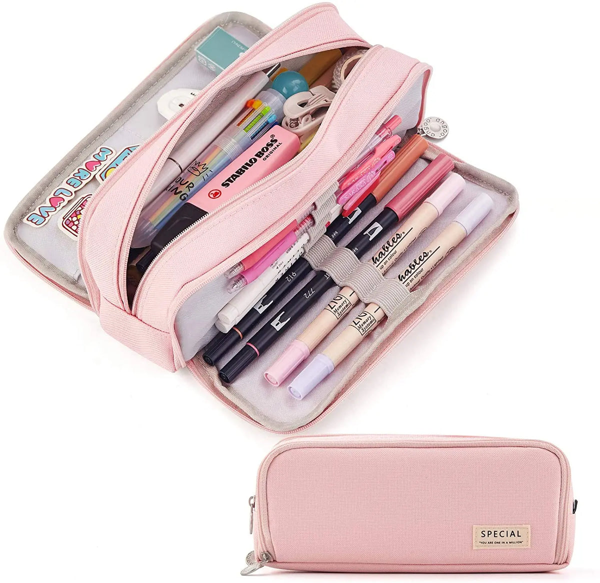 A pink aesthetic pencil pouch with a clear window showing various pens and pencils.