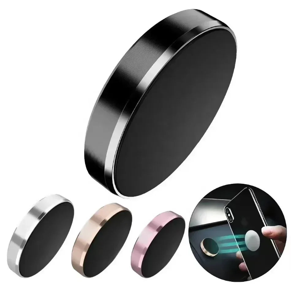 A set of magnetic car dashboard phone mounts in various finishes, including black, silver, and rose gold.