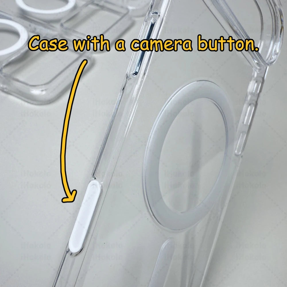 Estuche protector transparente para un dispositivo, mostrando un botón de cámara con una flecha que apunta al botón.
