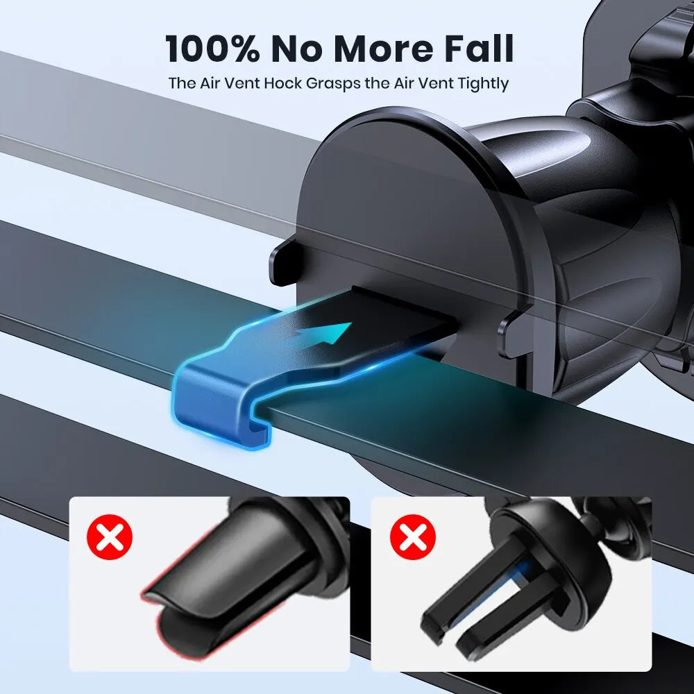 A close-up view of a black magnetic car phone mount designed to grasp an air vent tightly.