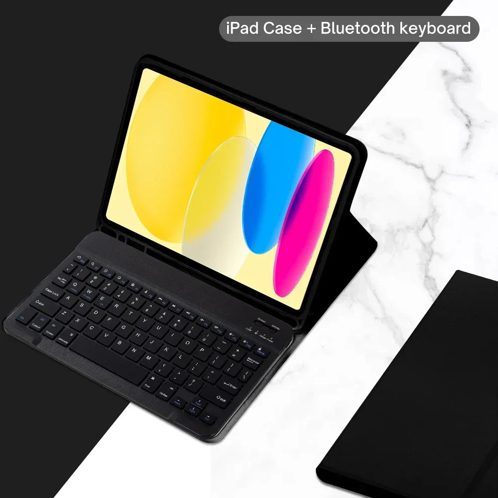 An iPad case shown open displaying a colorful graphic and paired with a detachable Bluetooth keyboard.
