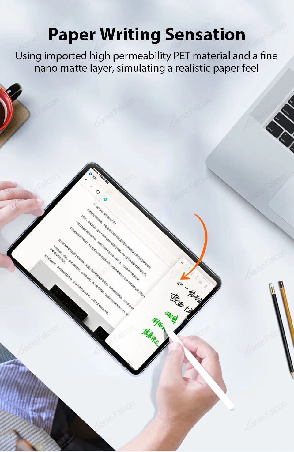 Una mano escribe en una pantalla de iPad, demostrando la sensación de escritura en papel de un protector mate.