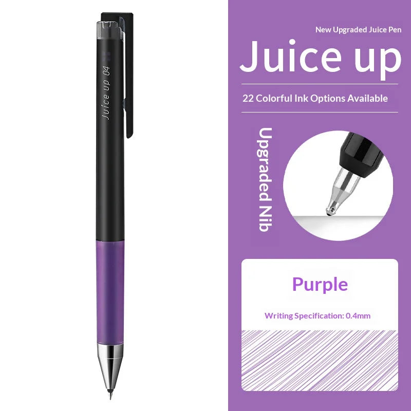 A black and purple Pilot Juice Up fine point gel pen with a silver tip, featuring purple ink options.
