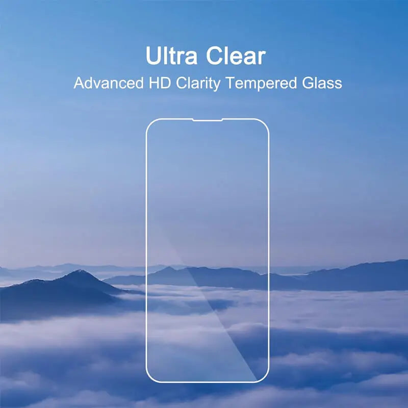 A close-up of a smartphone screen protector labeled Ultra Clear Advanced HD Clarity Tempered Glass against a misty landscape.