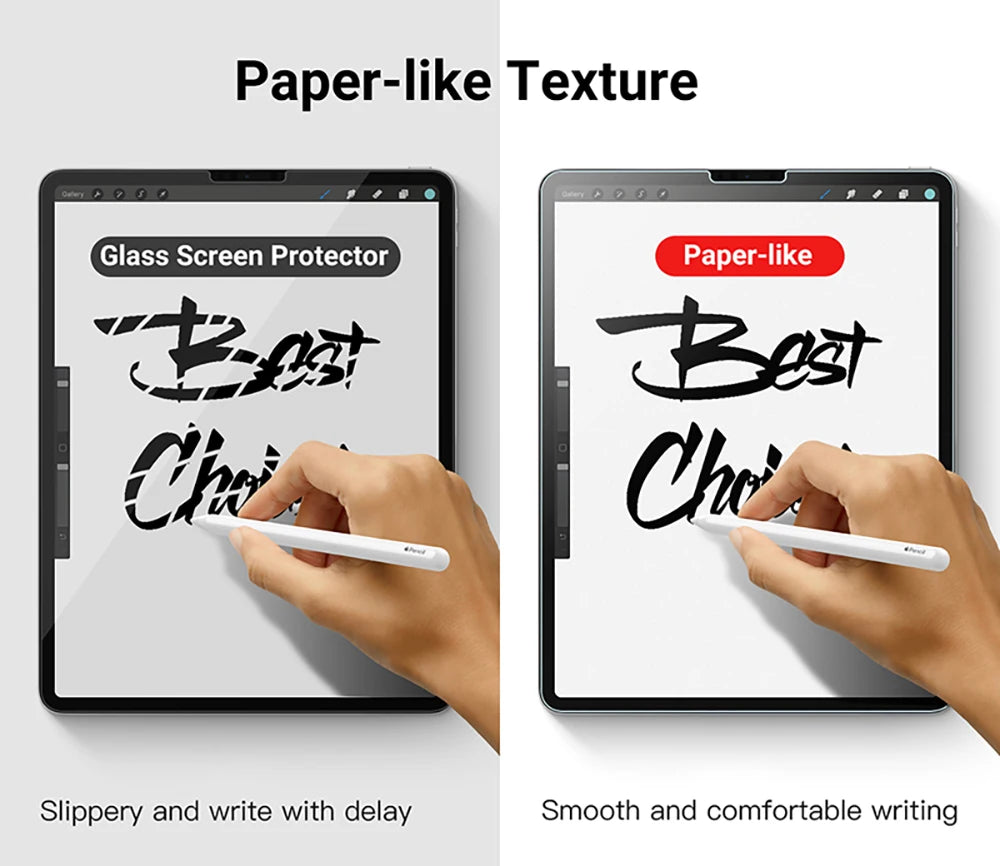 A hand writes on an iPad with a paper-like texture screen protector, demonstrating smooth and comfortable writing.