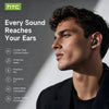 A close-up of a man wearing black True Wireless Earbuds with noise reduction technology.