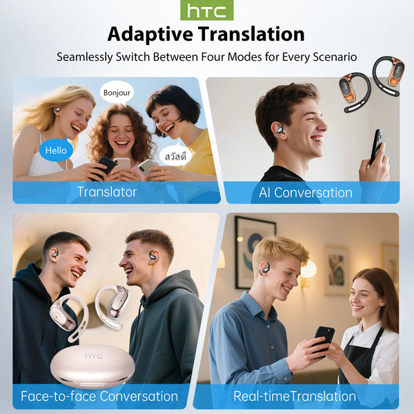 A collection of HTC Adaptive Translation devices showing various modes including Translator, AI Conversation, Face-to-face Co