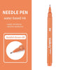 An orange needle pen with brown ink is shown next to a diagram illustrating water and alcohol resistance.