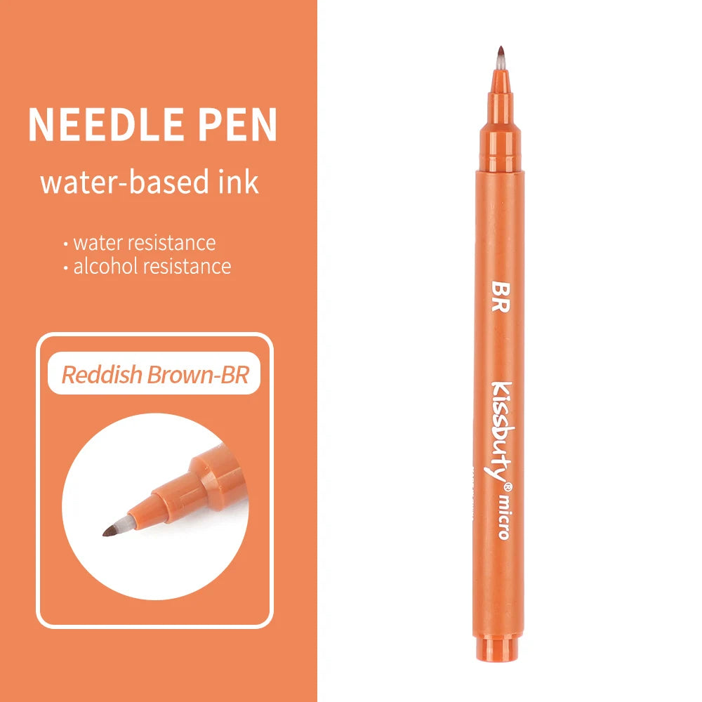 An orange needle pen with brown ink is shown next to a diagram illustrating water and alcohol resistance.