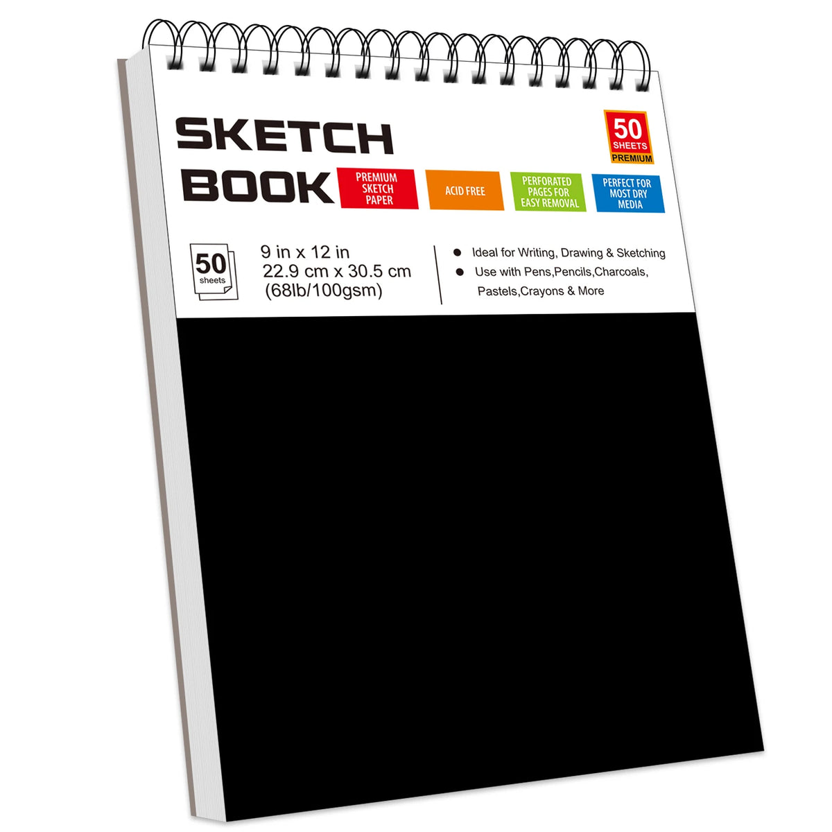 A spiral-bound, premium sketch book with 50 sheets for drawing and sketching.
