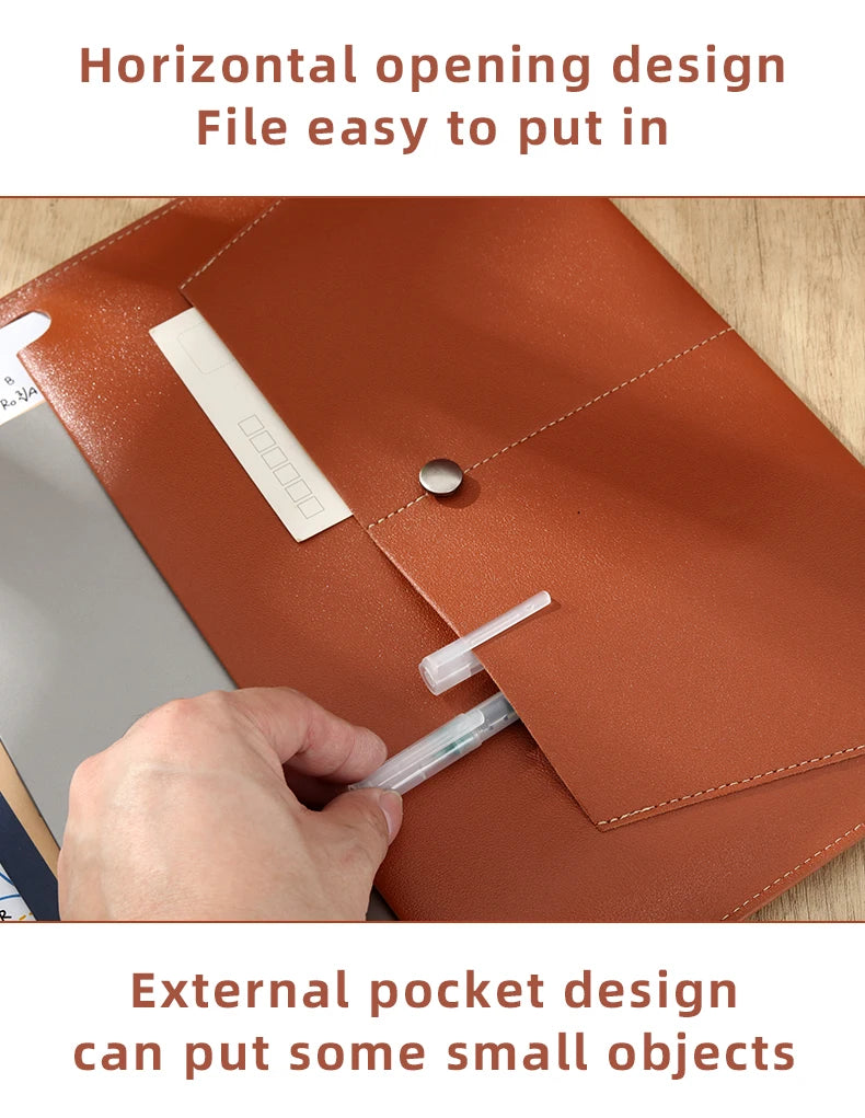A close-up of a brown leather document organizer bag showing horizontal opening and an external pocket design.