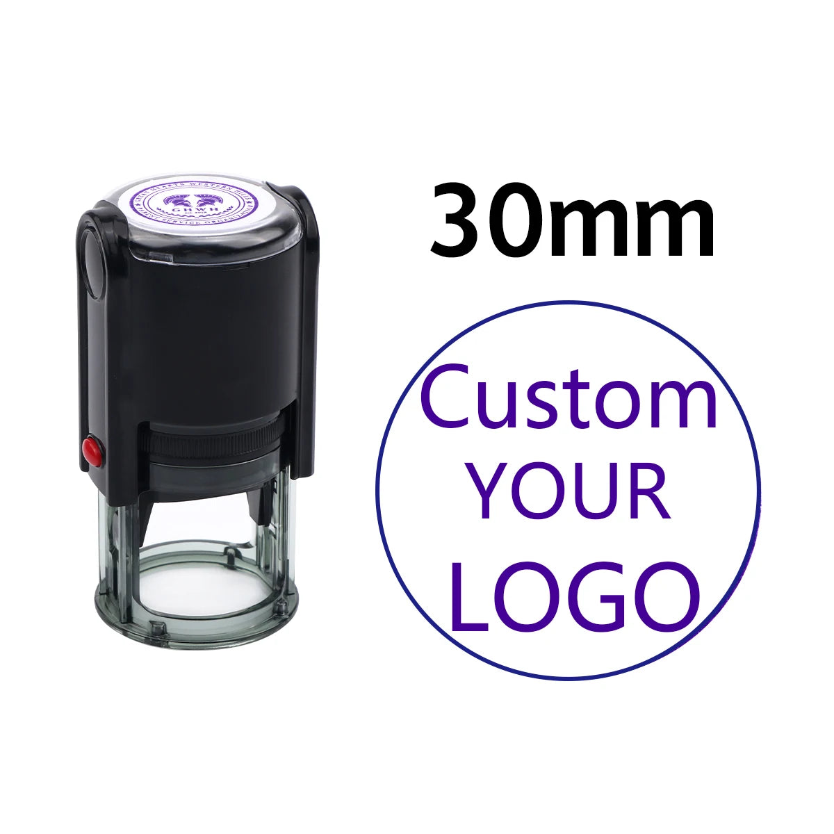 A black self-inking stamp with a clear plate, showing a 30mm size and option for custom logo.