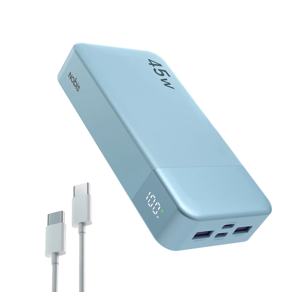 A light blue portable power bank with a digital display and multiple output ports.