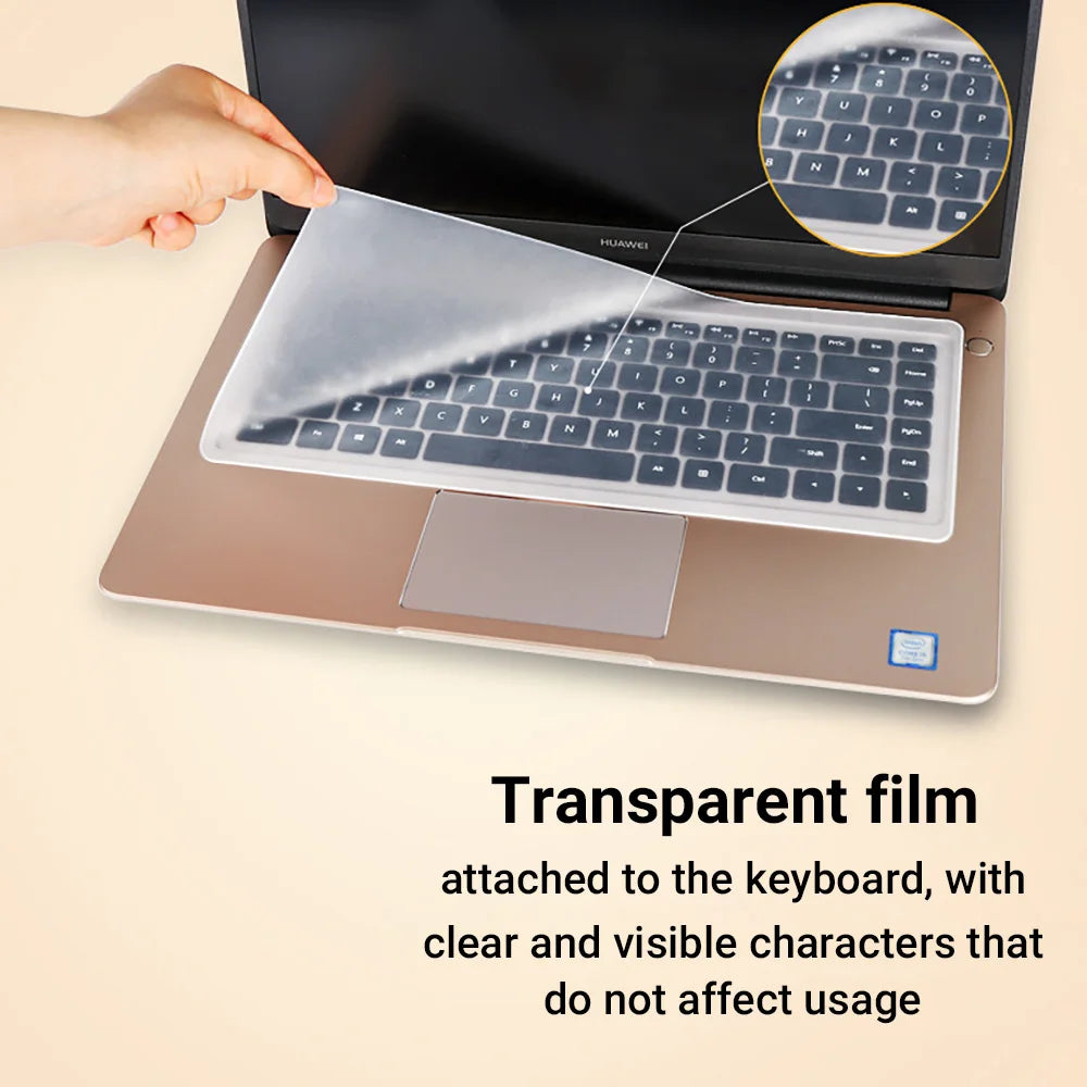 A transparent film is attached to a laptop keyboard, showing clear and visible characters without affecting usage.
