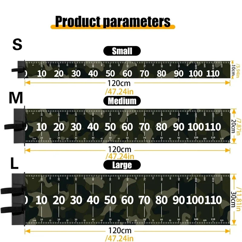 Diagram showing size parameters S, M, and L for a Versatile PVC Fishing Ruler for Boat & Tackle with corresponding measuremen