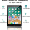 A premium tempered glass screen protector for an iPad, highlighting features like HD clarity, oleophobic coating, scratch res