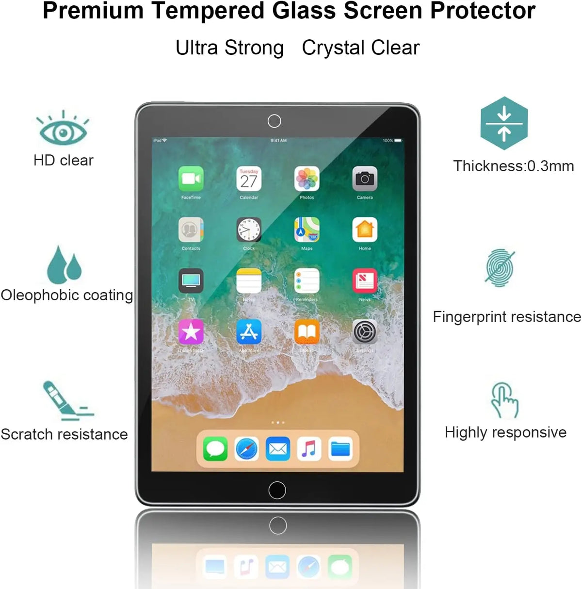 A premium tempered glass screen protector for an iPad, highlighting features like HD clarity, oleophobic coating, scratch res