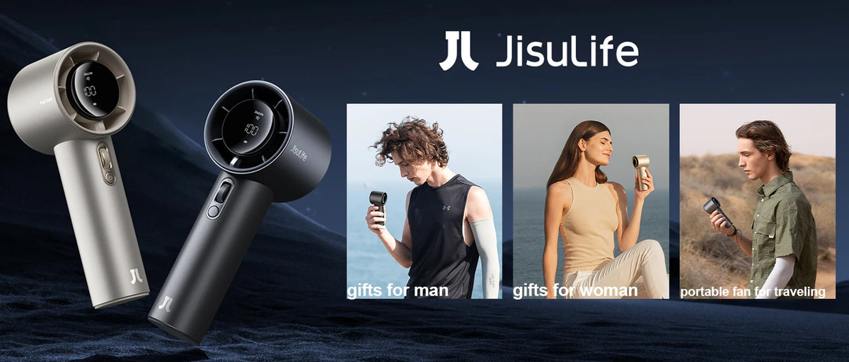 JisuLife Pro1S handheld fan shown with various gift options for men, women, and travelers.
