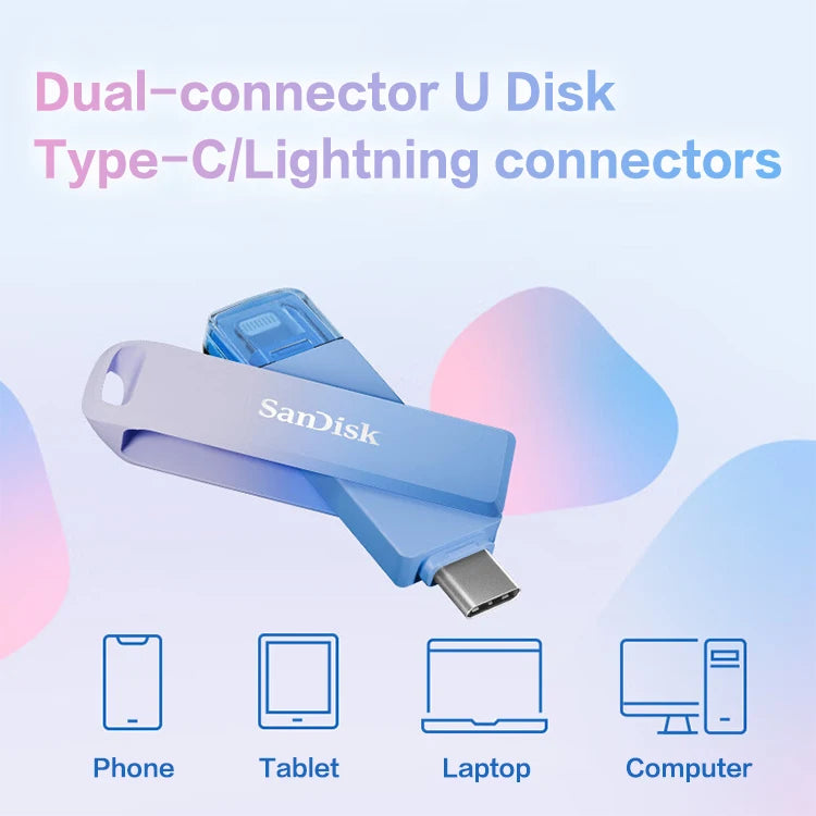 Un disco U SanDisk azul con doble conector, Type-C y Lightning, junto a varios dispositivos electrónicos.