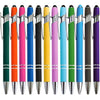 A row of black and colored metal stylus pens with silver accents.