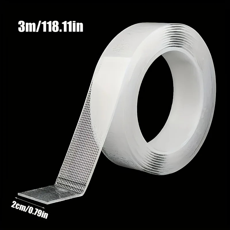 Roll of 3m/118.11in heavy duty double-sided transparent mounting tape shown from the side.