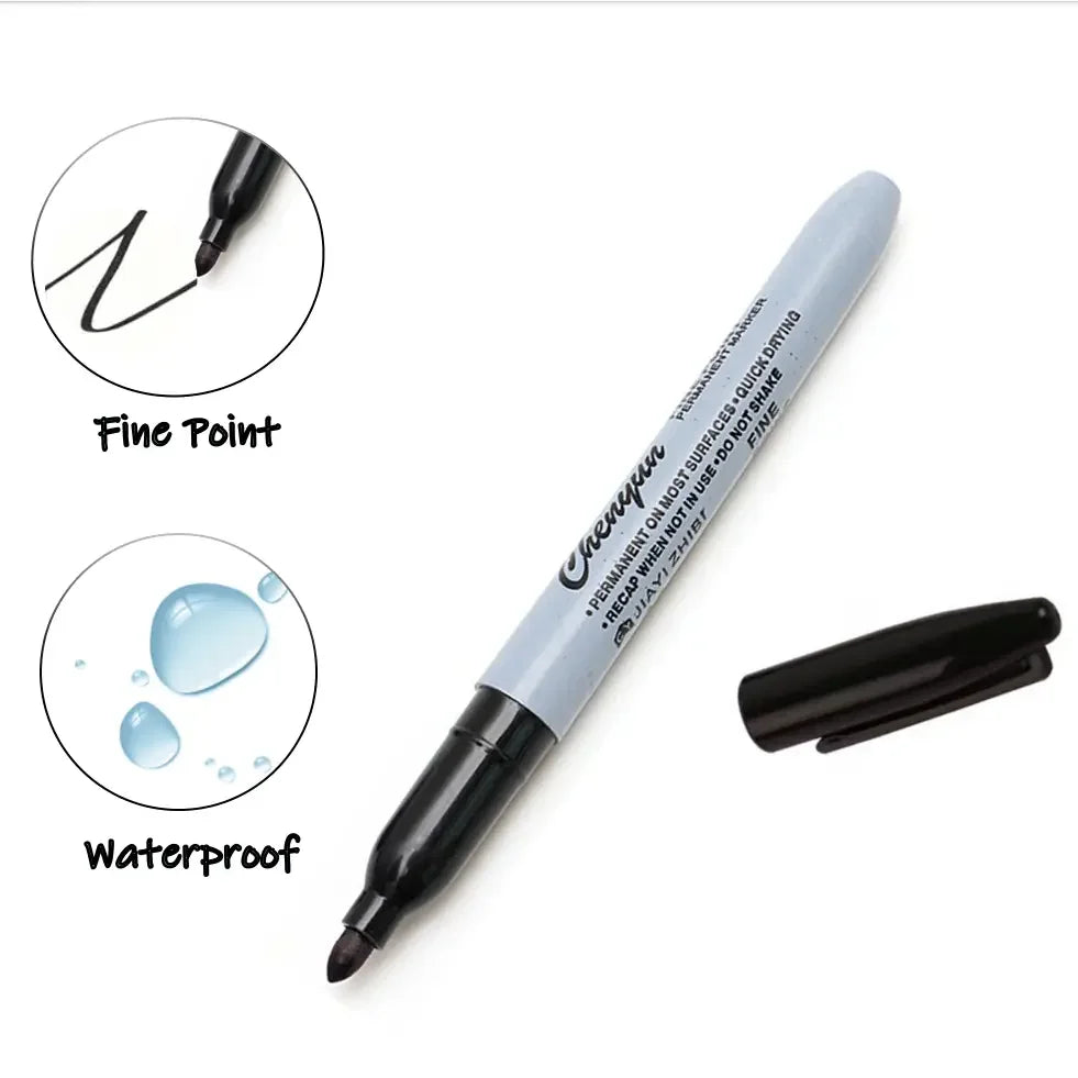A black permanent marker pen is shown with close-ups highlighting its fine point and waterproof features.