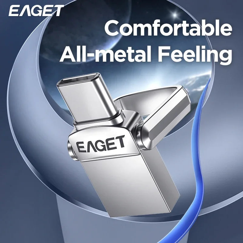 Close-up of an EAGET flash drive with a metal body, showing its design and finish.