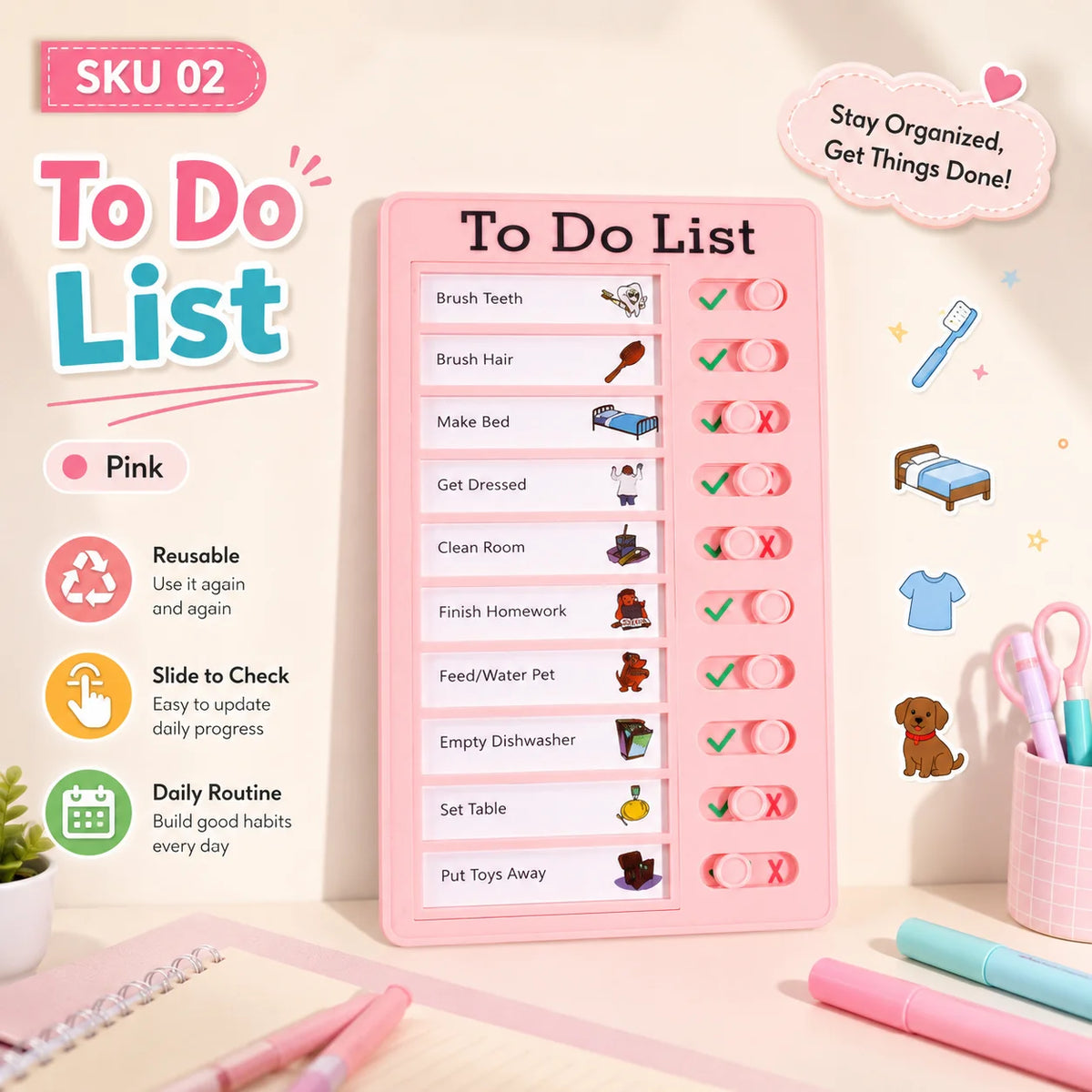 A pink reusable to do list board with checklist items for daily routines like brushing teeth, making bed, and cleaning.
