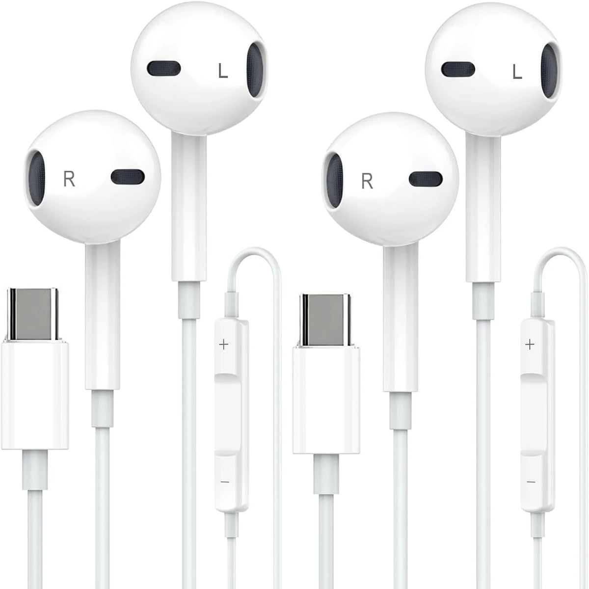 A set of white portable wired earphones with separate left and right earphone plugs and cables.