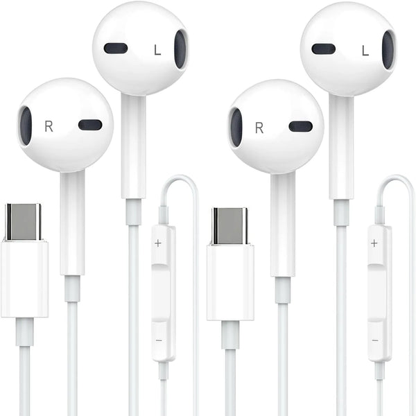 A set of white portable wired earphones with separate left and right earphone plugs and cables.