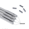 A set of silver metal mechanical pencils and erasers are shown on a white background.