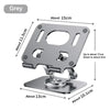 A grey 360 degree rotating tablet stand with adjustable dimensions and mounting plate.