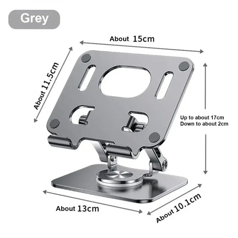 A grey 360 degree rotating tablet stand with adjustable dimensions and mounting plate.